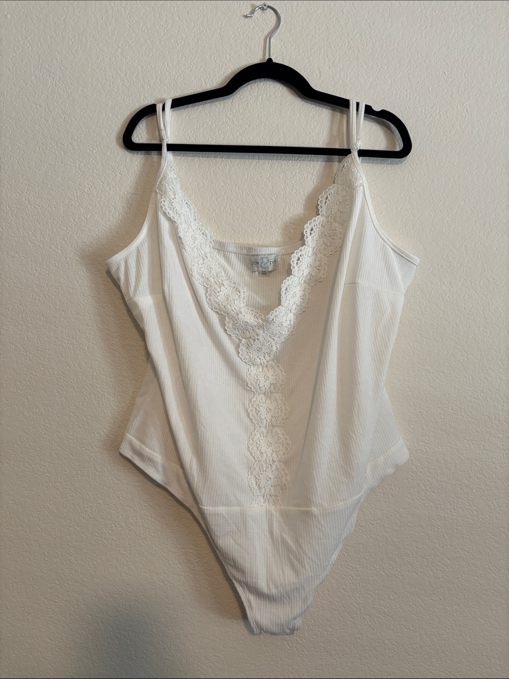 Francesca's Collections White Lace Trim Ribbed Bodysuit